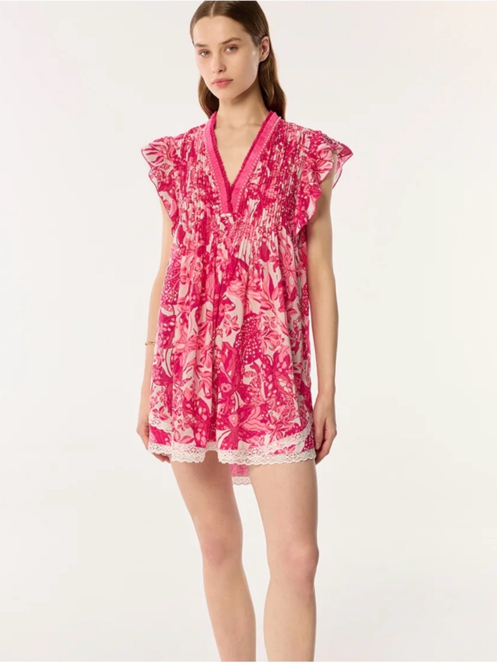 Poupette St. Barth Fuchsia and Light Pink Fringe Neck Tunic